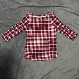 NWT Charter Club 100% Supima Cotton Plaid 3/4 Sleeve Top - Wine - Size Small